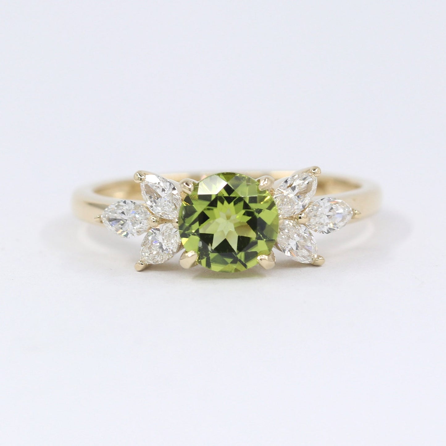 14K ROUND PERIDOT MARQUISE DIAMOND RING