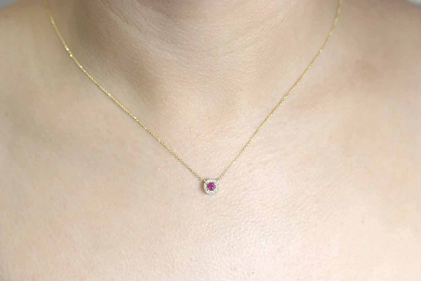 14K 3MM RUBY DIAMOND HALO EAR NECKLACE