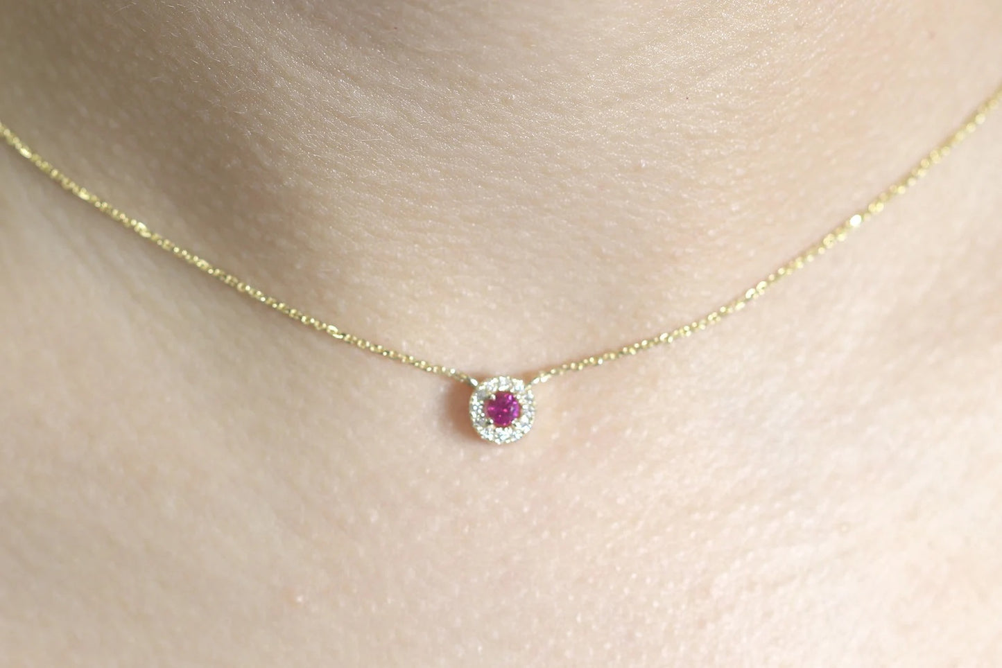 14K 3MM RUBY DIAMOND HALO EAR NECKLACE