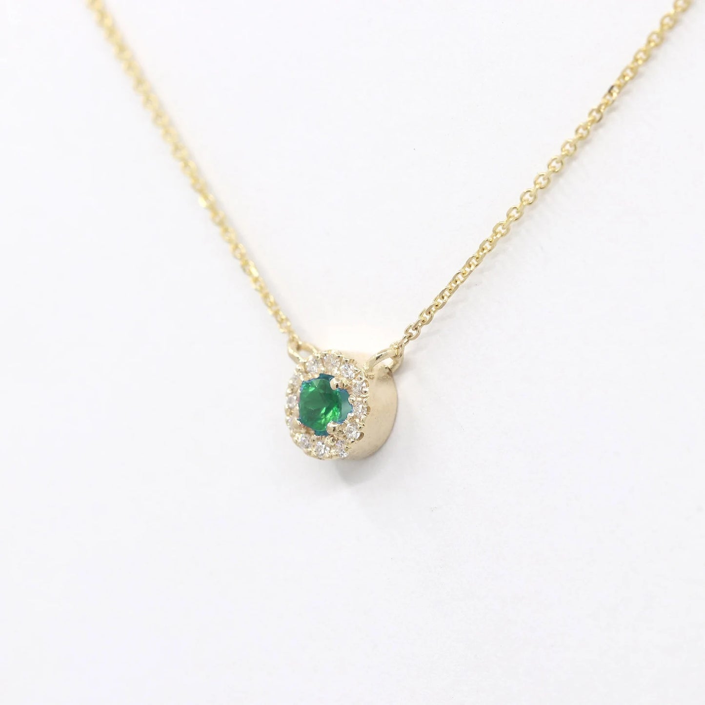 14K 3MM EMERALD DIAMOND HALO EAR NECKLACE