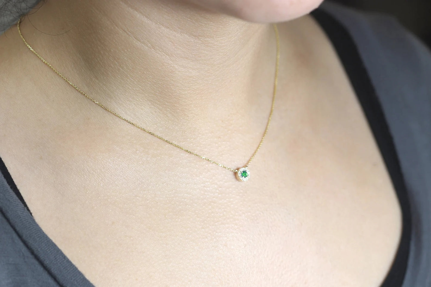 14K 3MM EMERALD DIAMOND HALO EAR NECKLACE