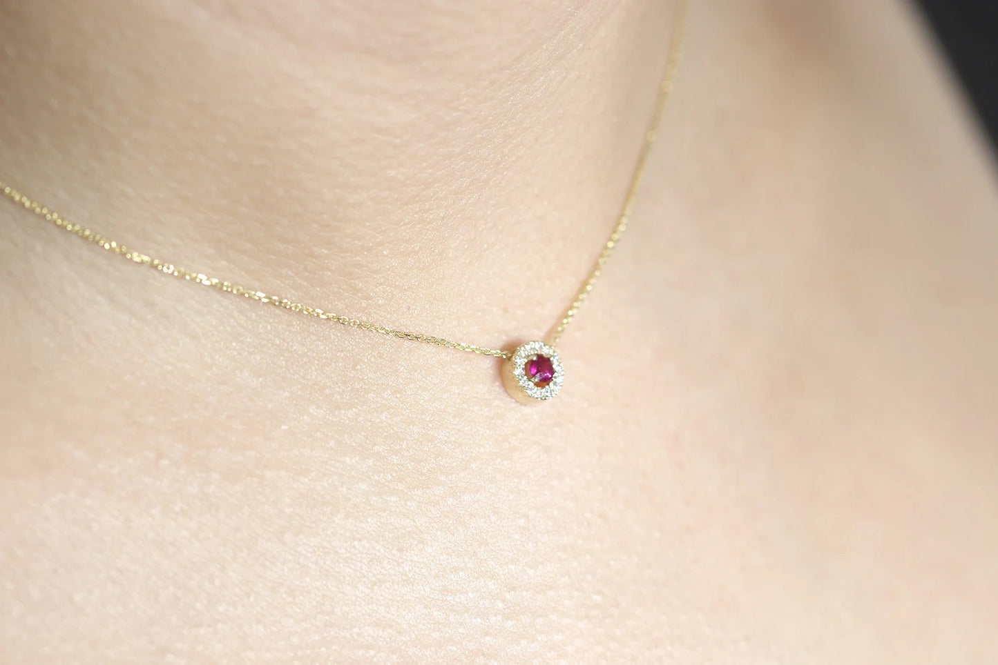 14K 3.2MM ROUND RUBY DIAMOND HALO NEKCLACE