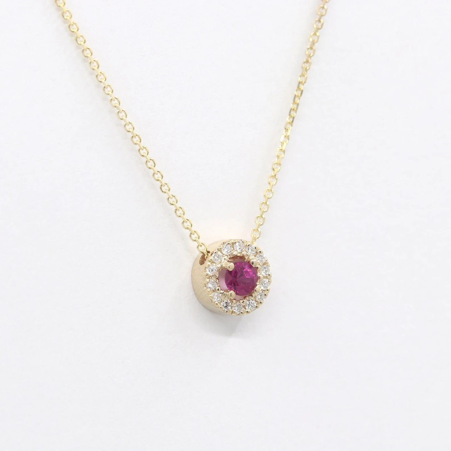 14K 3.2MM ROUND RUBY DIAMOND HALO NEKCLACE