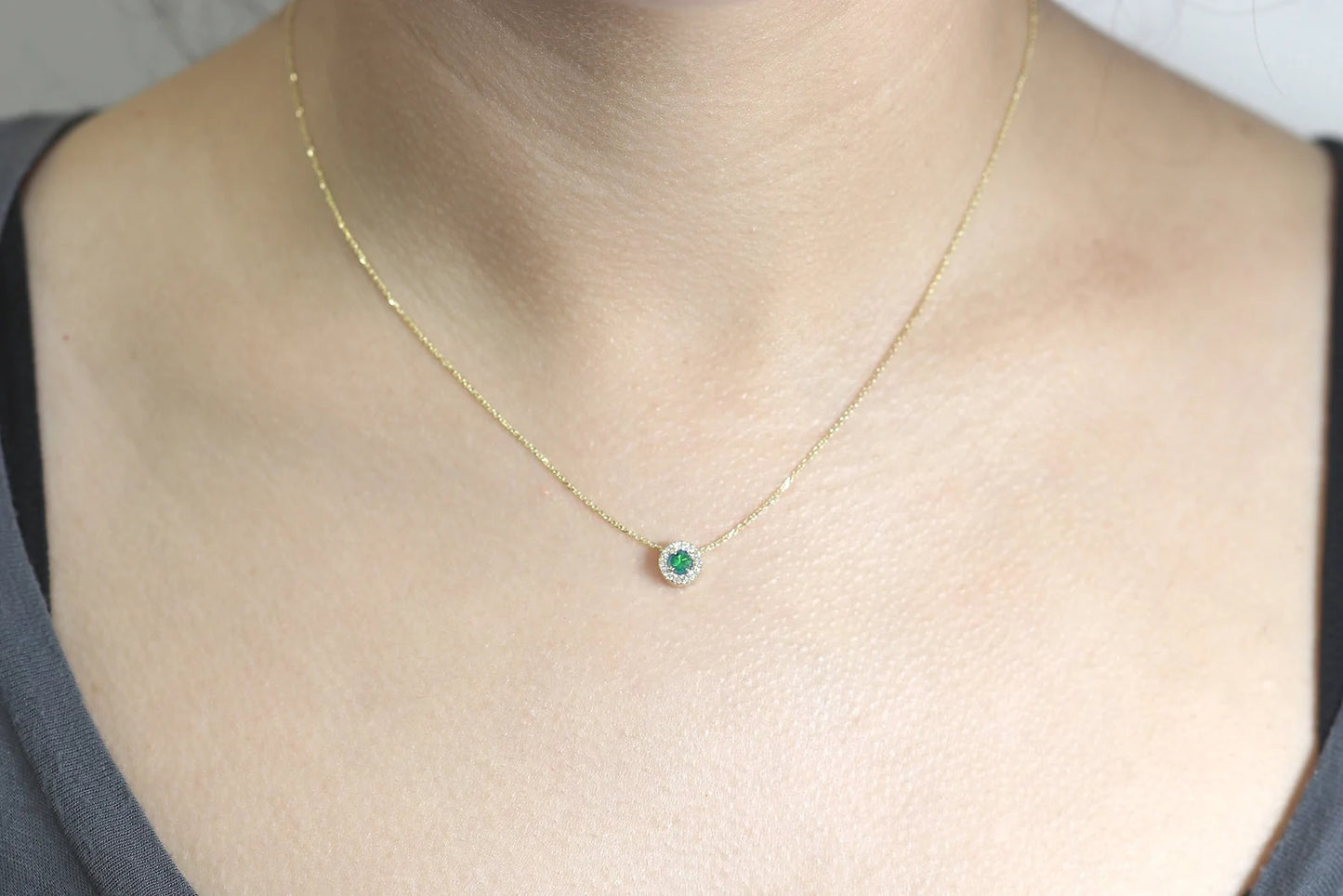 14K 3.2MM EMERALD DIAMOND HALO NECKLACE