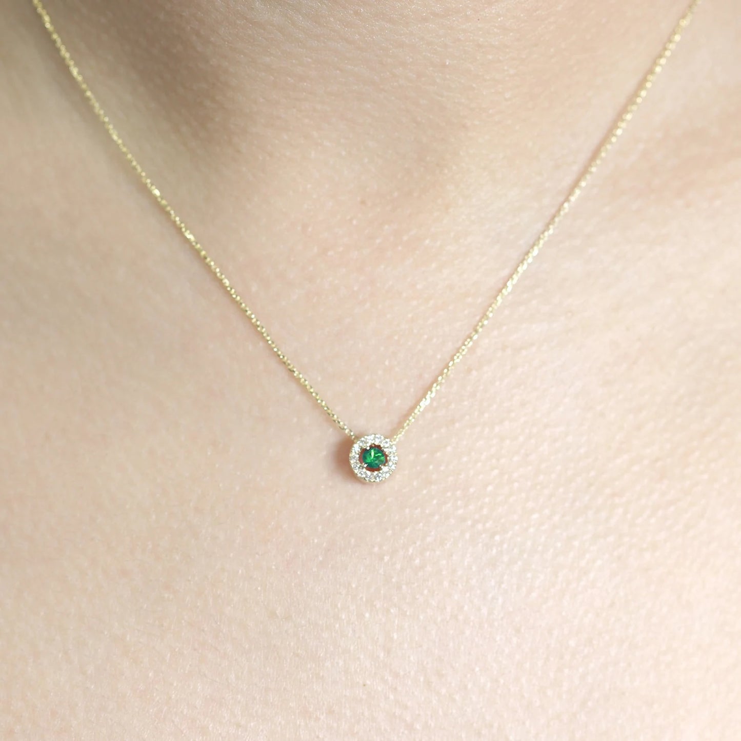 14K 3.2MM EMERALD DIAMOND HALO NECKLACE