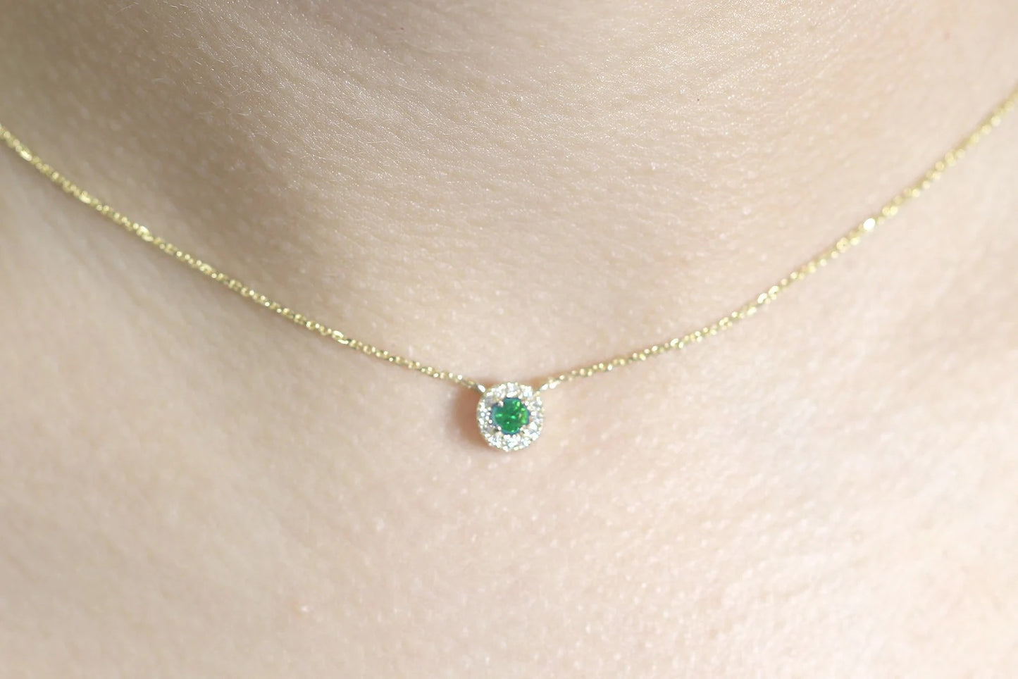 14K 3MM EMERALD DIAMOND HALO EAR NECKLACE