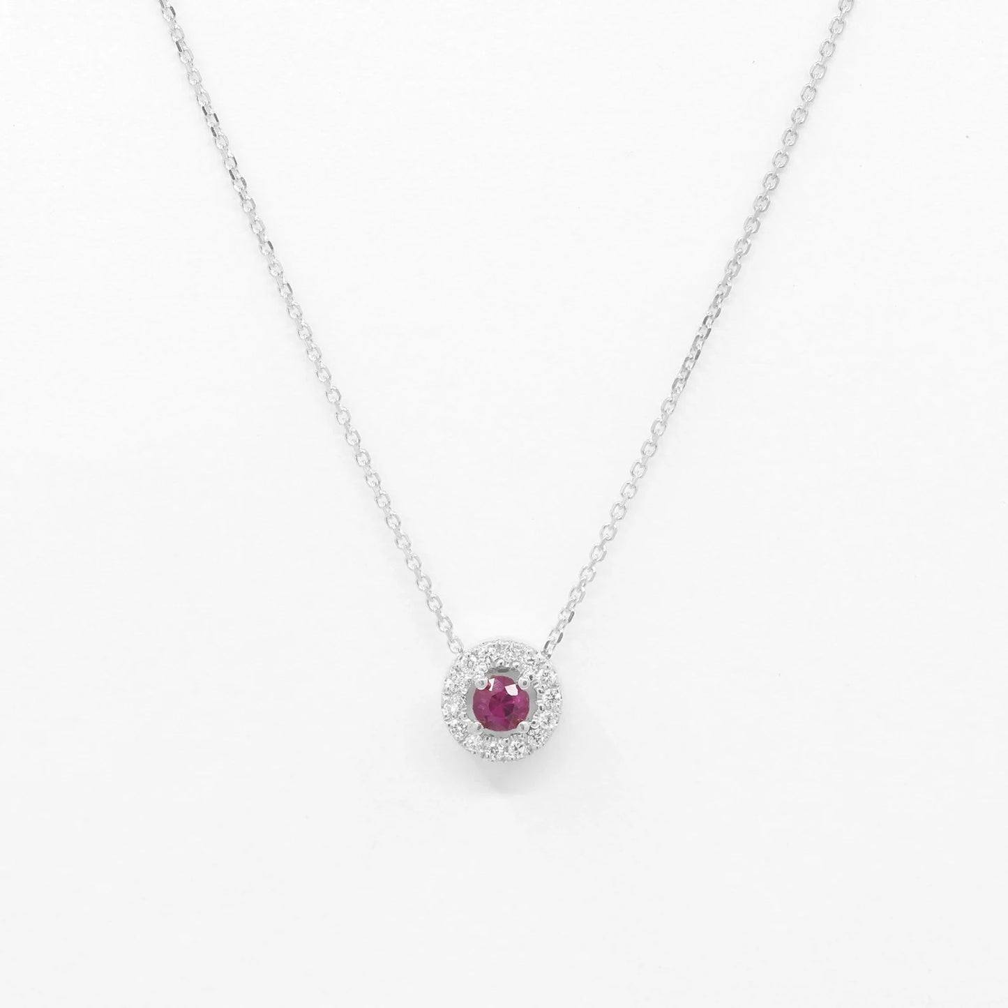 14K 3.2MM ROUND RUBY DIAMOND HALO NEKCLACE