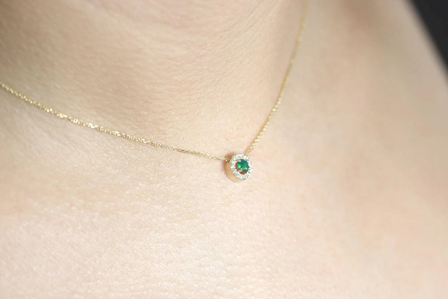 14K 3.2MM EMERALD DIAMOND HALO NECKLACE