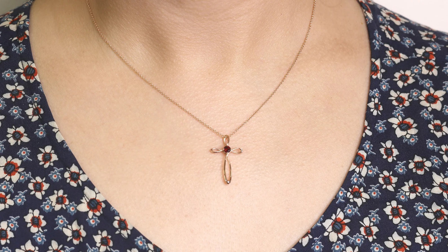 14K GARNET CROSS NECKLACE