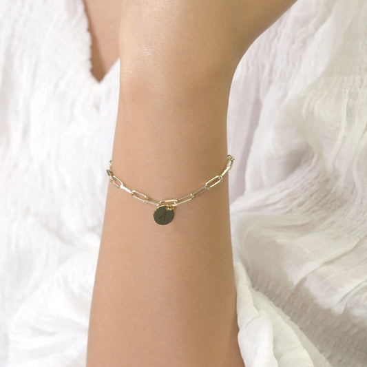 14K YELLOW GOLD CIRCLE CHARM PAPER CLIP CHAIN BRACELET