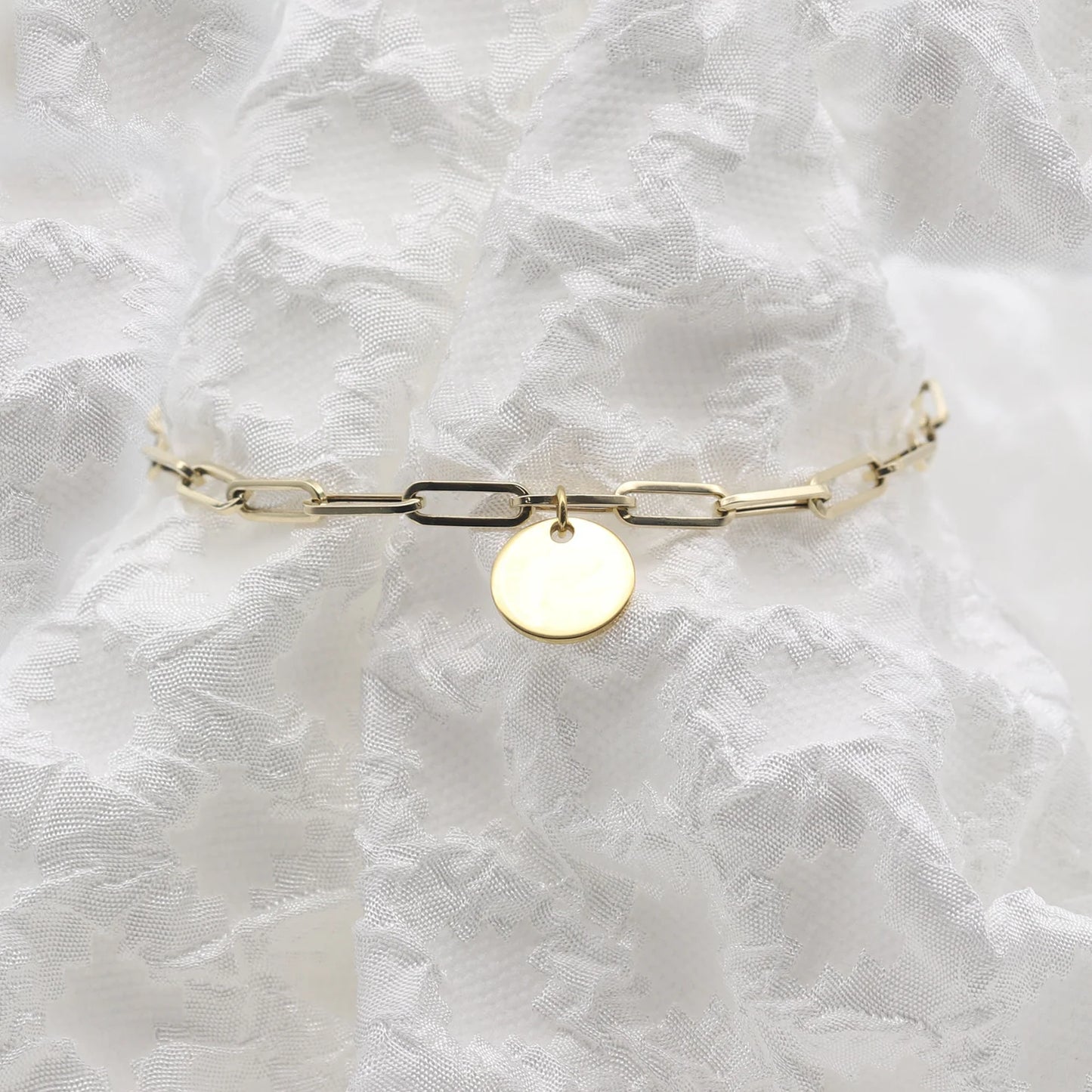 14K YELLOW GOLD CIRCLE CHARM PAPER CLIP CHAIN BRACELET