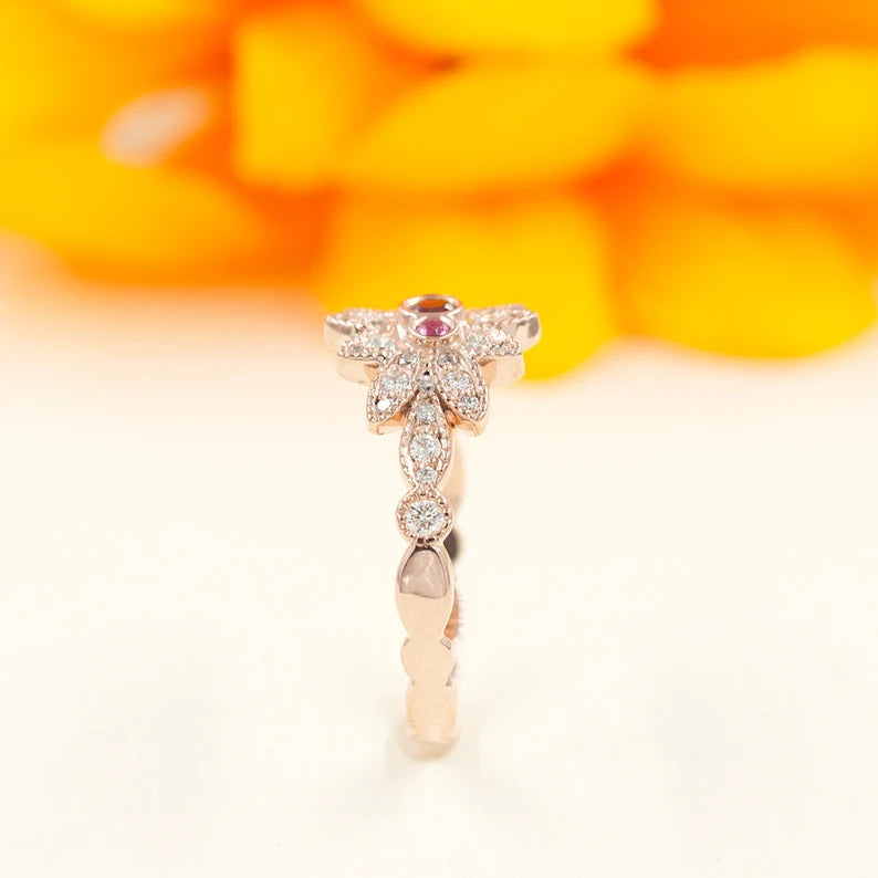 14K RUBY DIAMOND FLOWER ART DECO RING