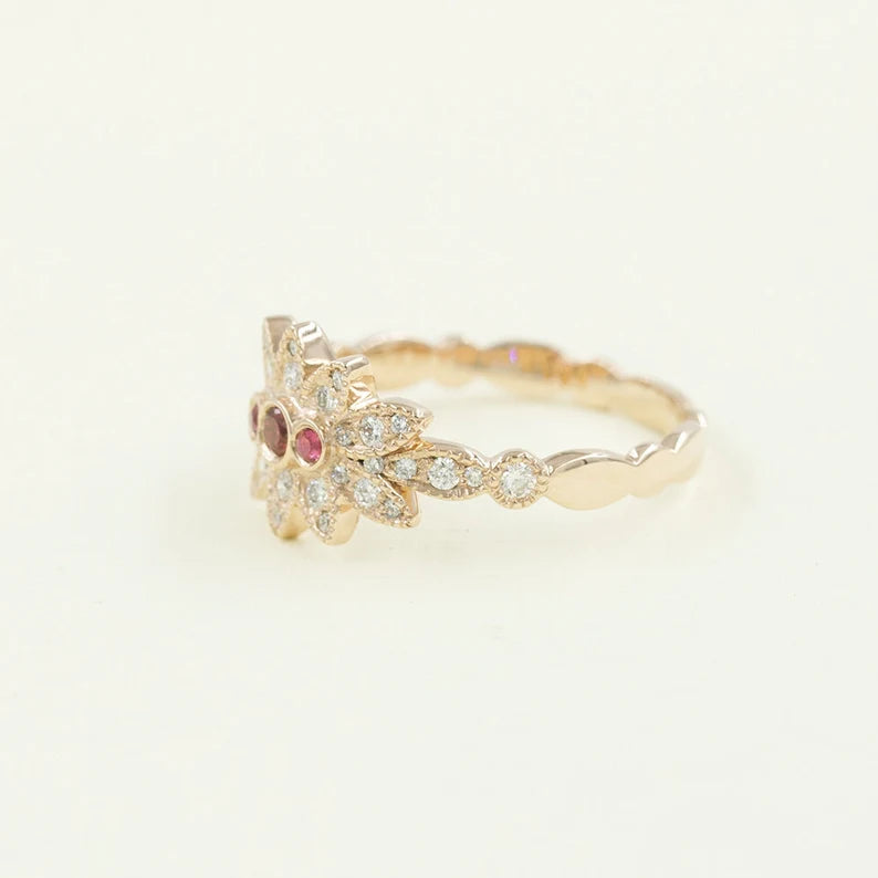 14K RUBY DIAMOND FLOWER ART DECO RING