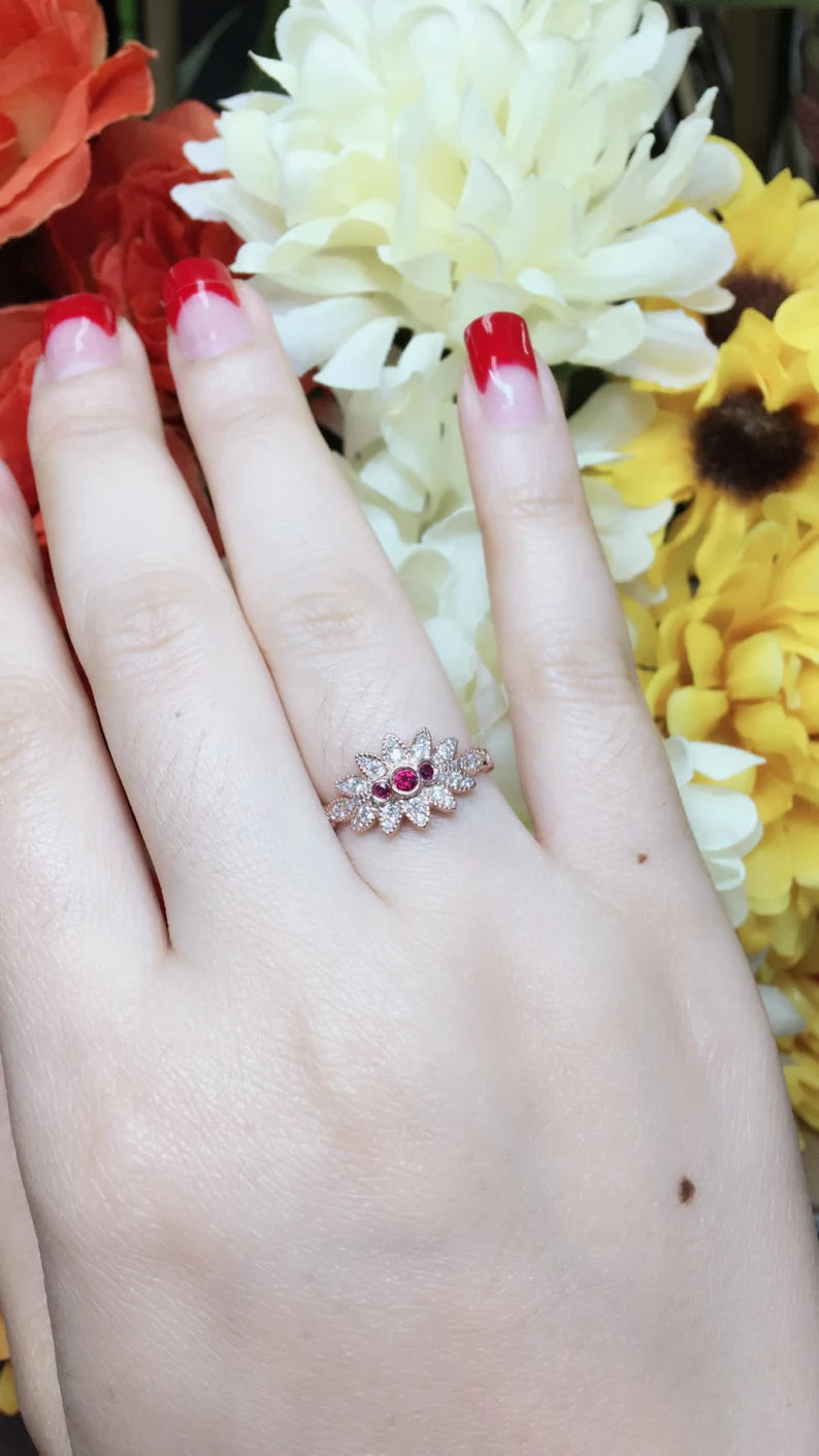 14K RUBY DIAMOND FLOWER ART DECO RING