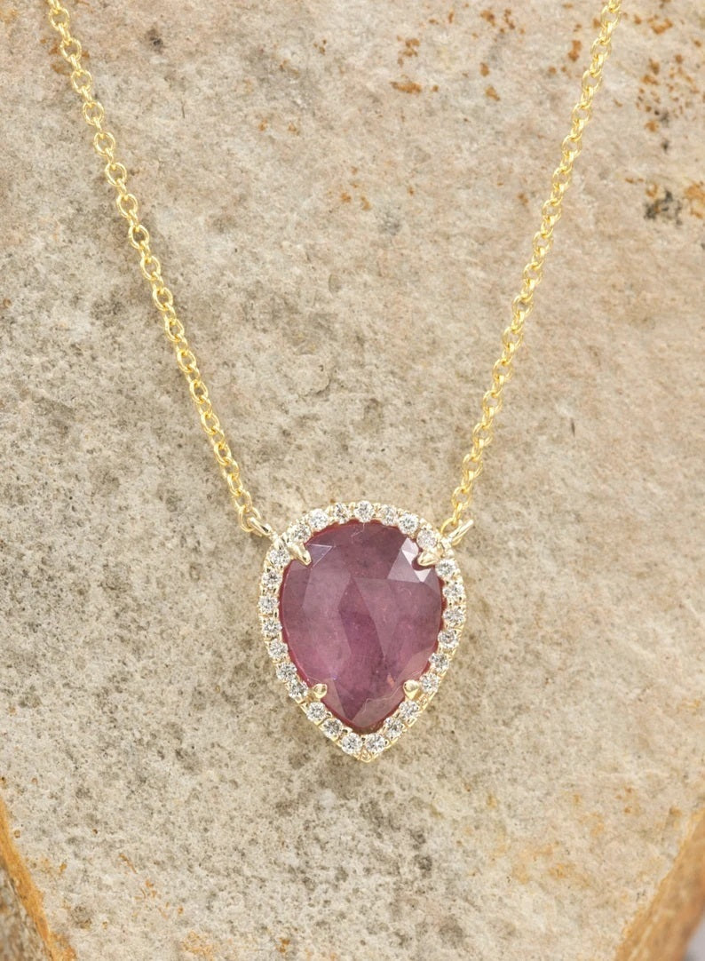 14K 1.75CT PEAR PINK SAPPHIRE DIAMOND HALO NECKLACE