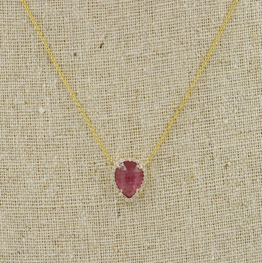 14K 1.75CT PEAR PINK SAPPHIRE DIAMOND HALO NECKLACE