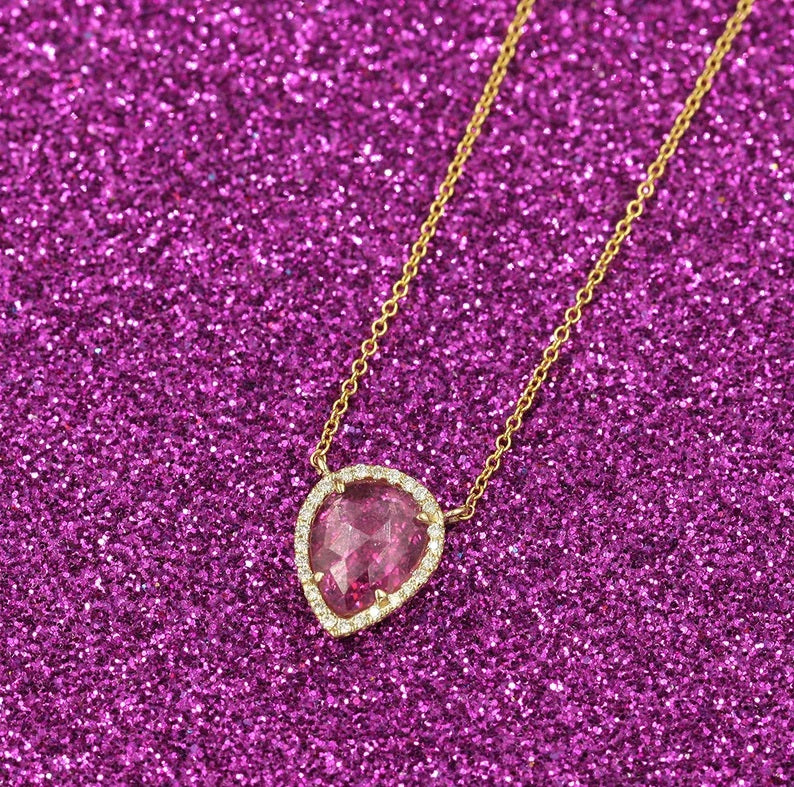 14K 1.75CT PEAR PINK SAPPHIRE DIAMOND HALO NECKLACE