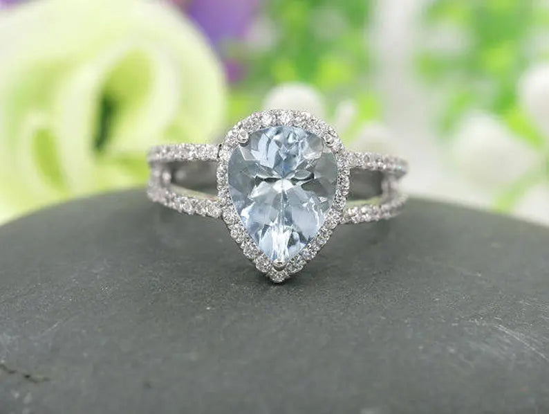 14K PEAR AQUAMARINE DIAMOND HALO RING