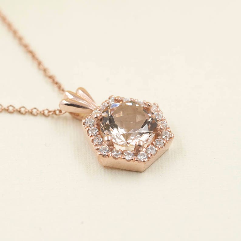 14K MORGANITE DIAMOND HALO HEXAGON NECKLACE