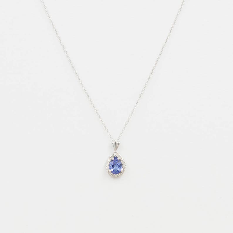 14K PEAR TANZANITE DIAMOND HALO NECKLACE