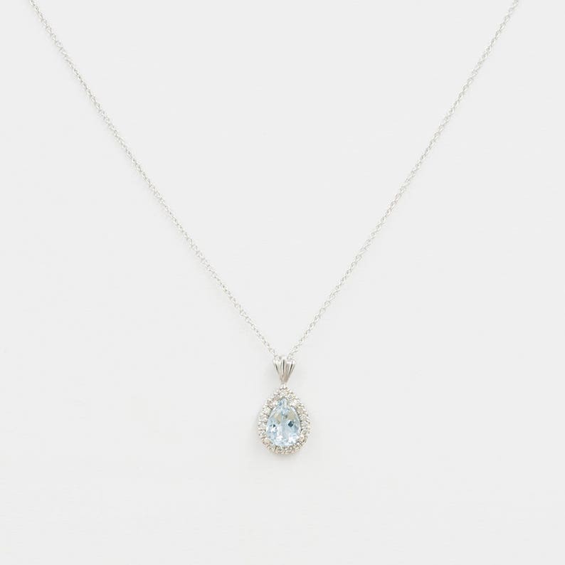 14K PEAR AQUAMARINE DIAMOND HALO NECKLACE