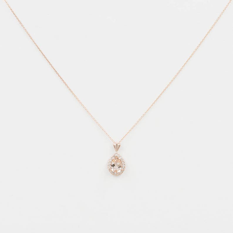 14K PEAR MORGANITE DIAMOND HALO NECKLACE