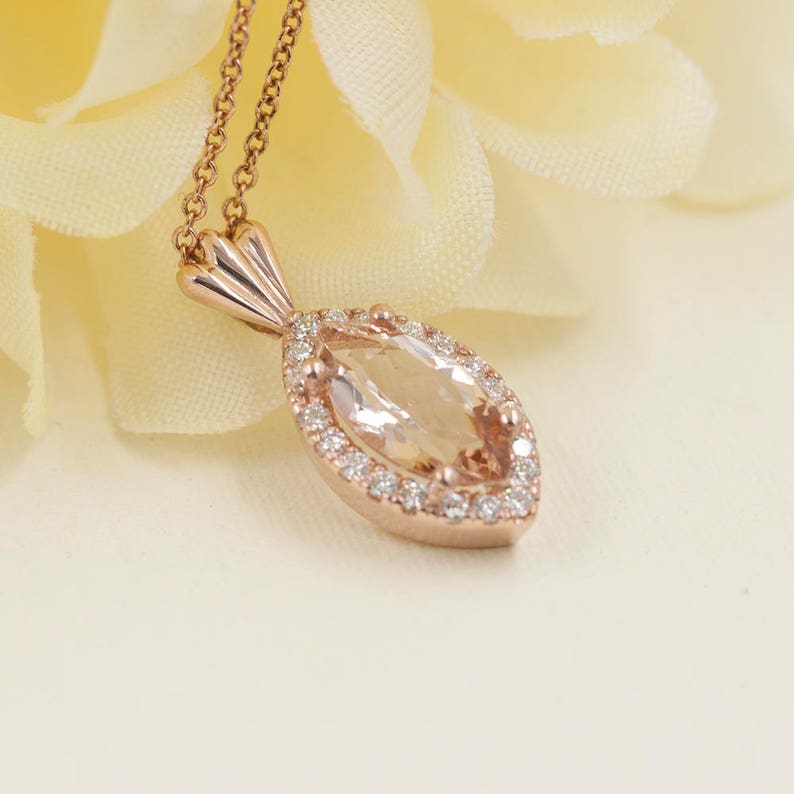 14K MARQUISE MORGANITE DIAMOND HALO NECKLACE