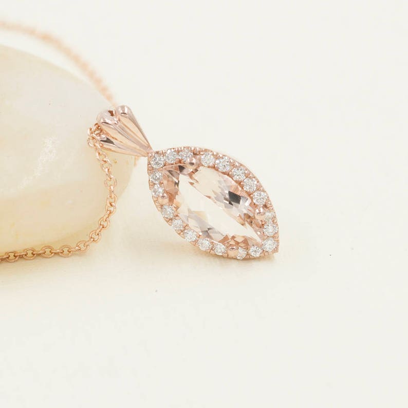 14K MARQUISE MORGANITE DIAMOND HALO NECKLACE