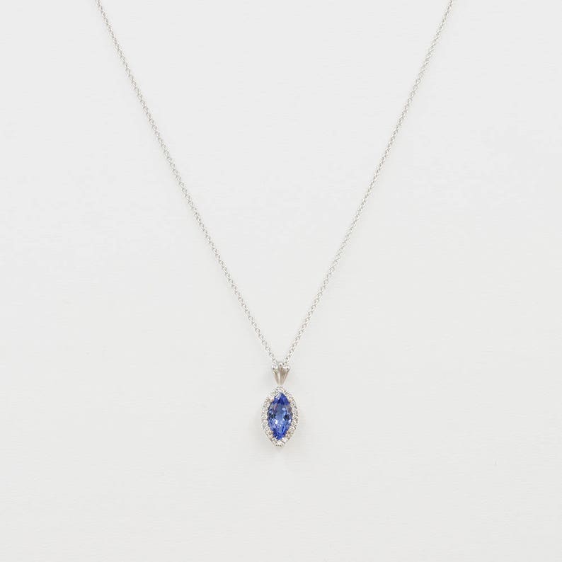 14K MARQUISE TANZANITE DIAMOND HALO NECKLACE