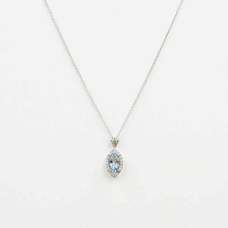 14K MARQUISE AQUAMARINE DIAMOND HALO NECKLACE