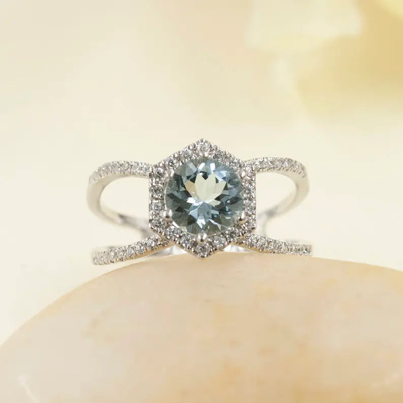 14K AQUAMARINE DIAMOND HALO HEXAGON DOUBLE BAND RING