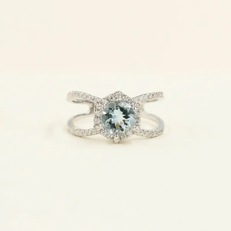 14K AQUAMARINE DIAMOND HALO HEXAGON DOUBLE BAND RING