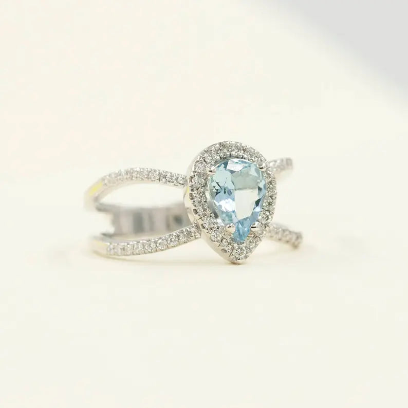 14K PEAR AQUAMARINE DIAMOND HALO DOUBLE BAND RING