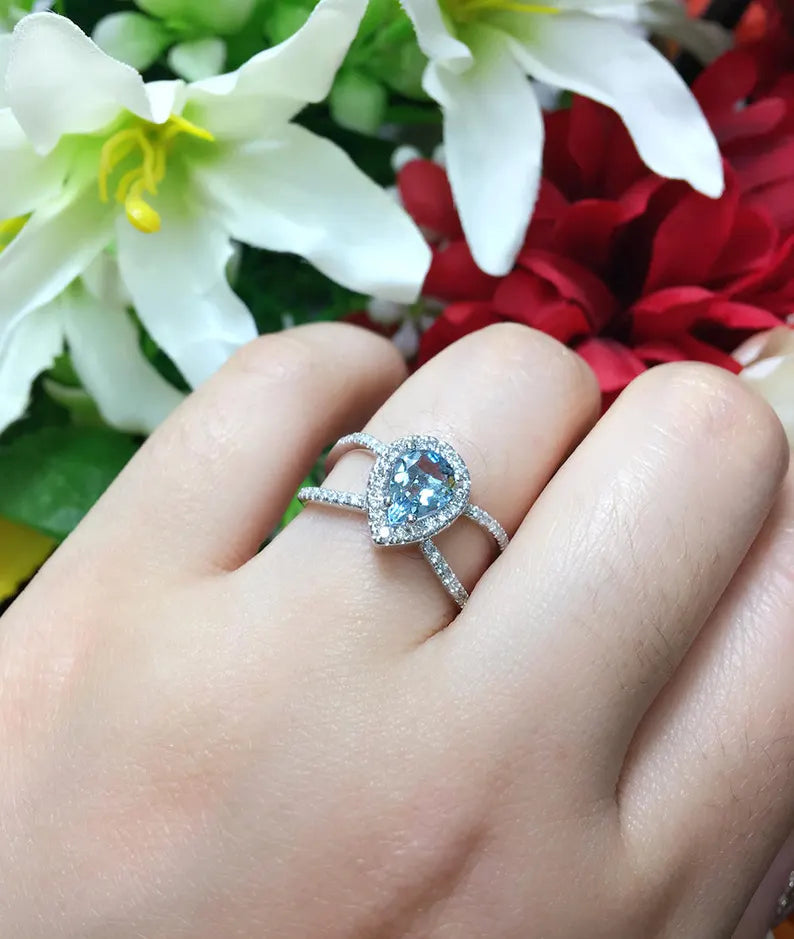 14K PEAR AQUAMARINE DIAMOND HALO DOUBLE BAND RING