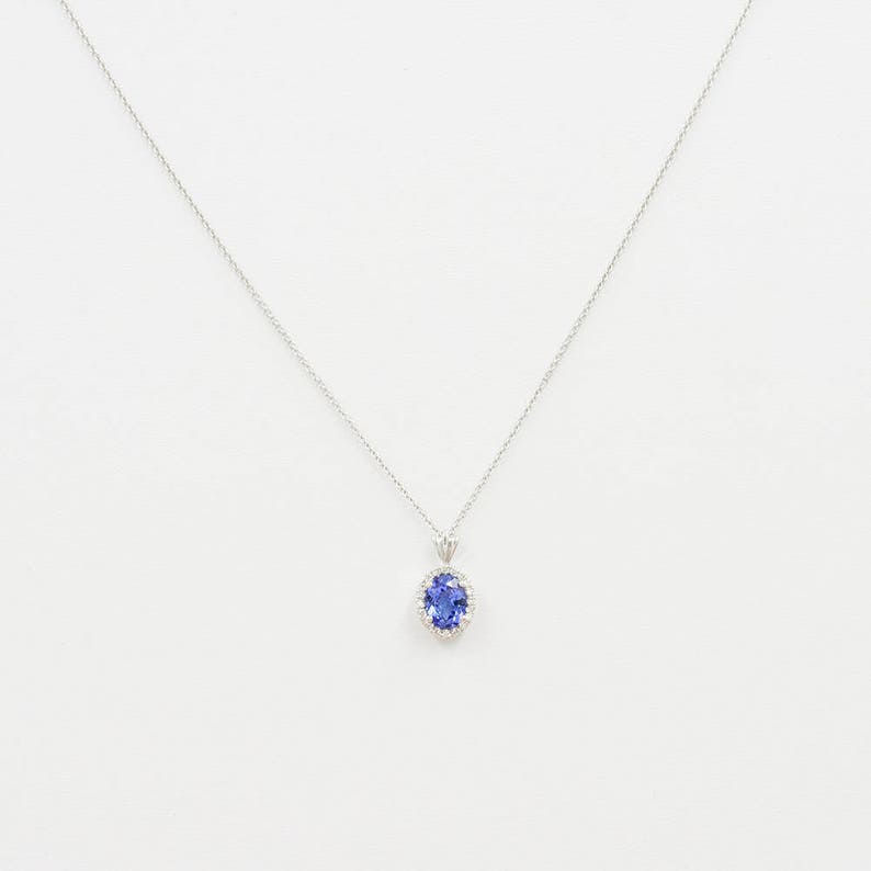 14K OVAL TANZANITE DIAMOND HALO NECKLACE