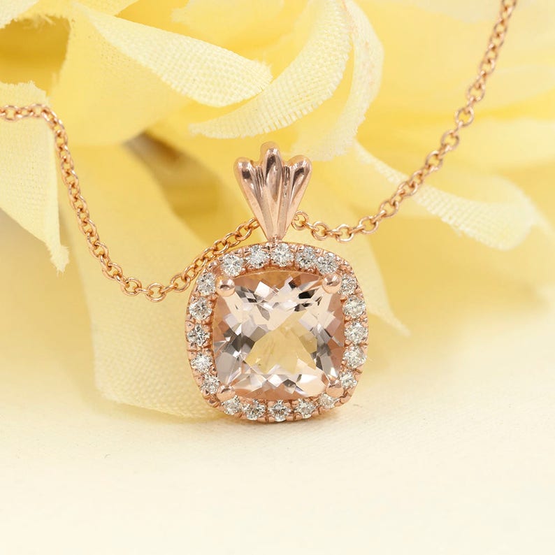 14K CUSHION SQUARE MORGANITE DIAMOND HALO NECKLACE