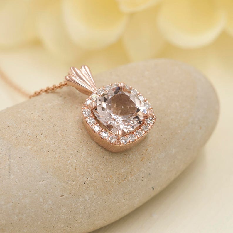 14K CUSHION SQUARE MORGANITE DIAMOND HALO NECKLACE