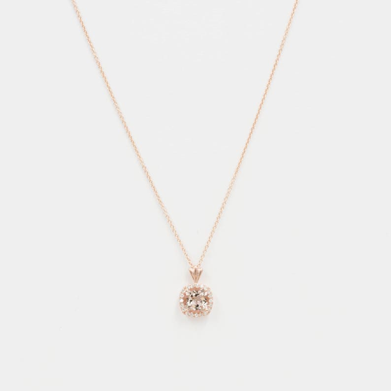 14K CUSHION SQUARE MORGANITE DIAMOND HALO NECKLACE