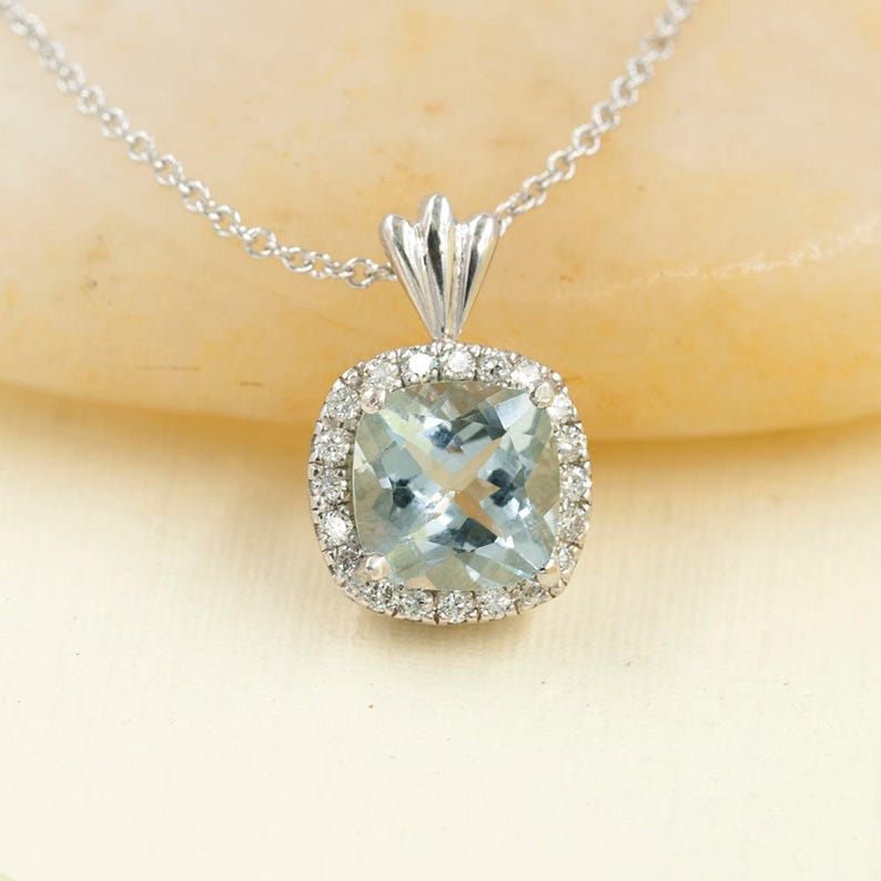 14K CUSHION SQUARE AQUAMARINE DIAMOND HALO NECKLACE