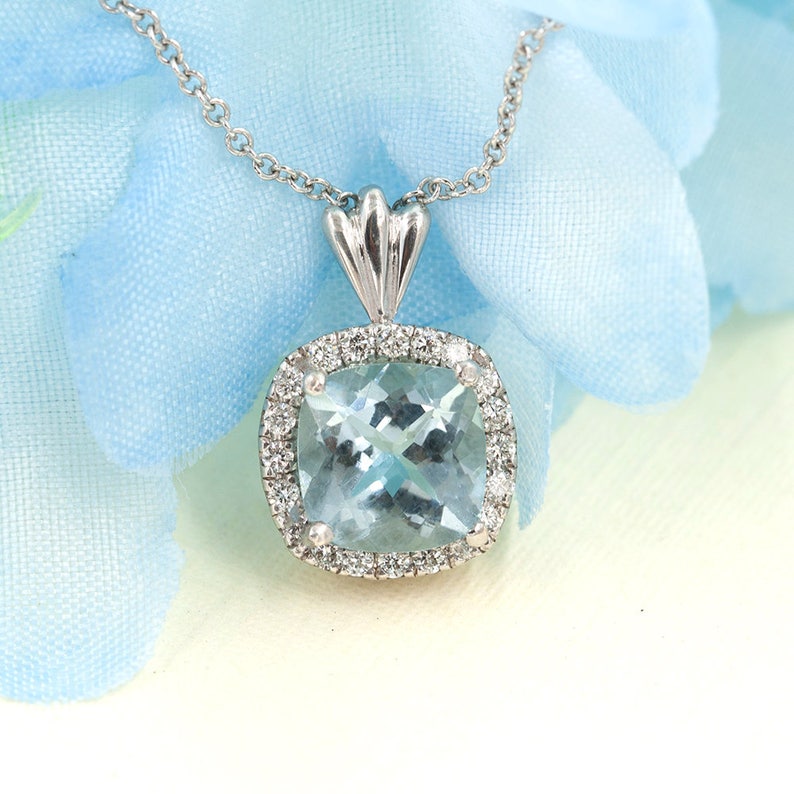 14K CUSHION SQUARE AQUAMARINE DIAMOND HALO NECKLACE