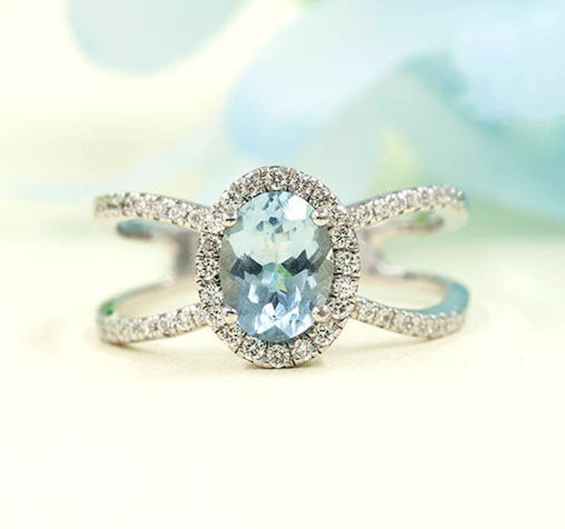 14K OVAL AQUAMARINE DIAMOND HALO DOUBLE BAND RING