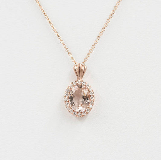 14K OVAL MORGANITE DIAMOND HALO NECKLACE