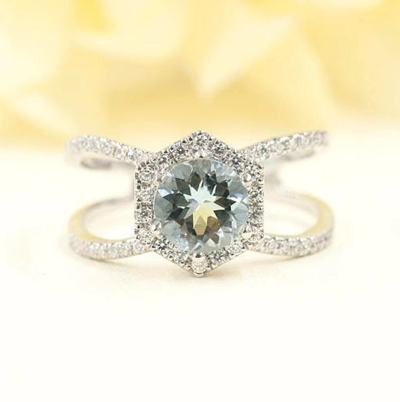 14K AQUAMARINE DIAMOND HALO HEXAGON DOUBLE BAND RING