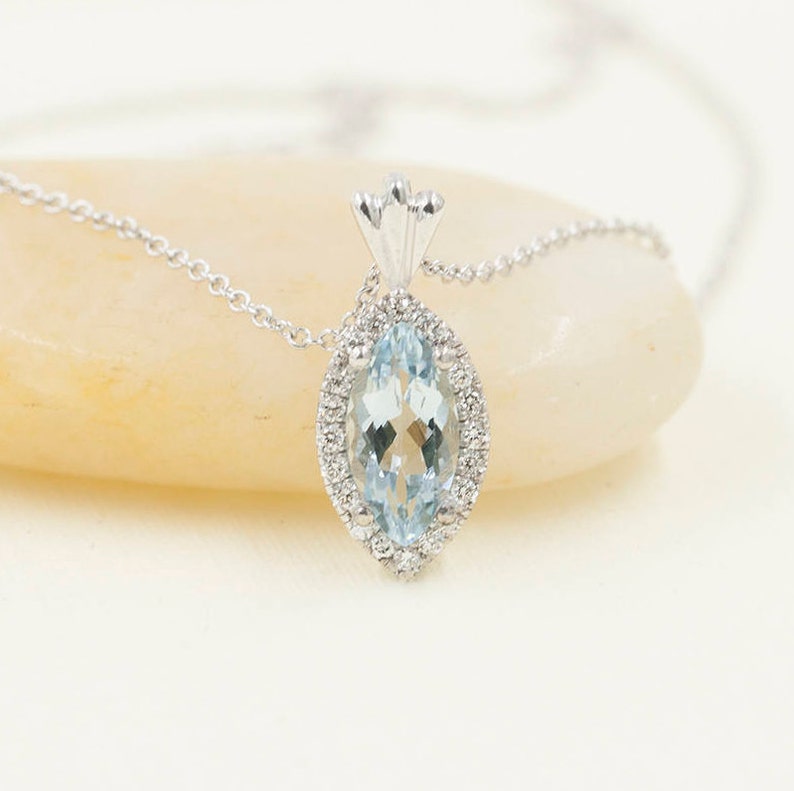 14K MARQUISE AQUAMARINE DIAMOND HALO NECKLACE