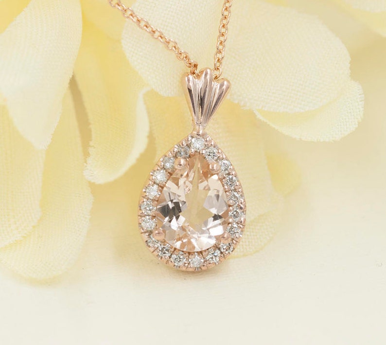 14K PEAR MORGANITE DIAMOND HALO NECKLACE