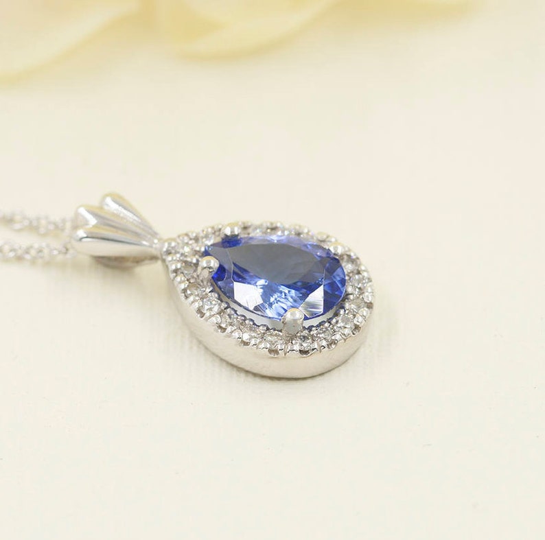 14K PEAR TANZANITE DIAMOND HALO NECKLACE