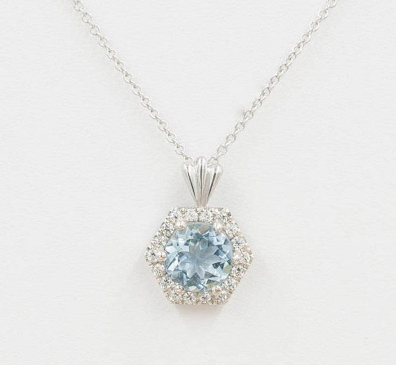 14K AQUAMARINE DIAMOND HALO HEXAGON NECKLACE