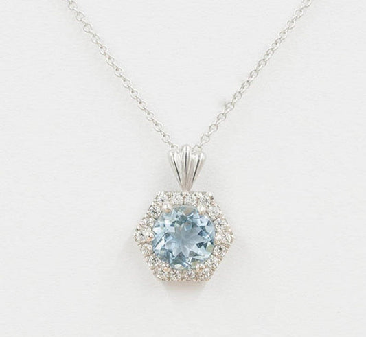 14K AQUAMARINE DIAMOND HALO HEXAGON NECKLACE