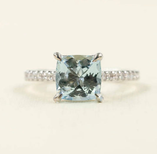 14K CUSHION AQUAMARINE DIAMOND RING