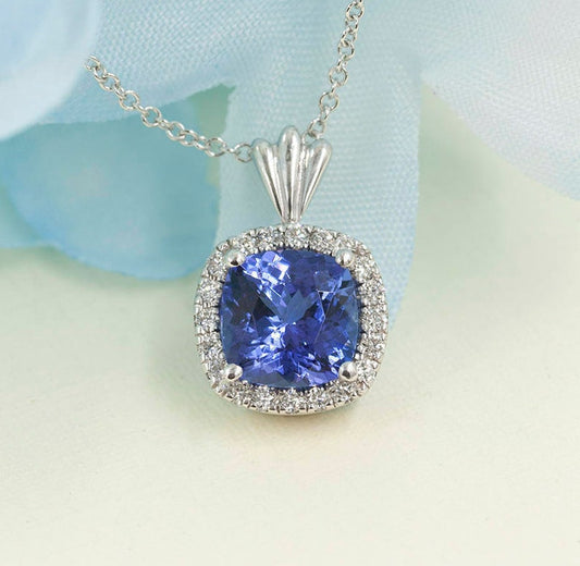 14K CUSHION SQUARE TANZANITE DIAMOND HALO NECKLACE